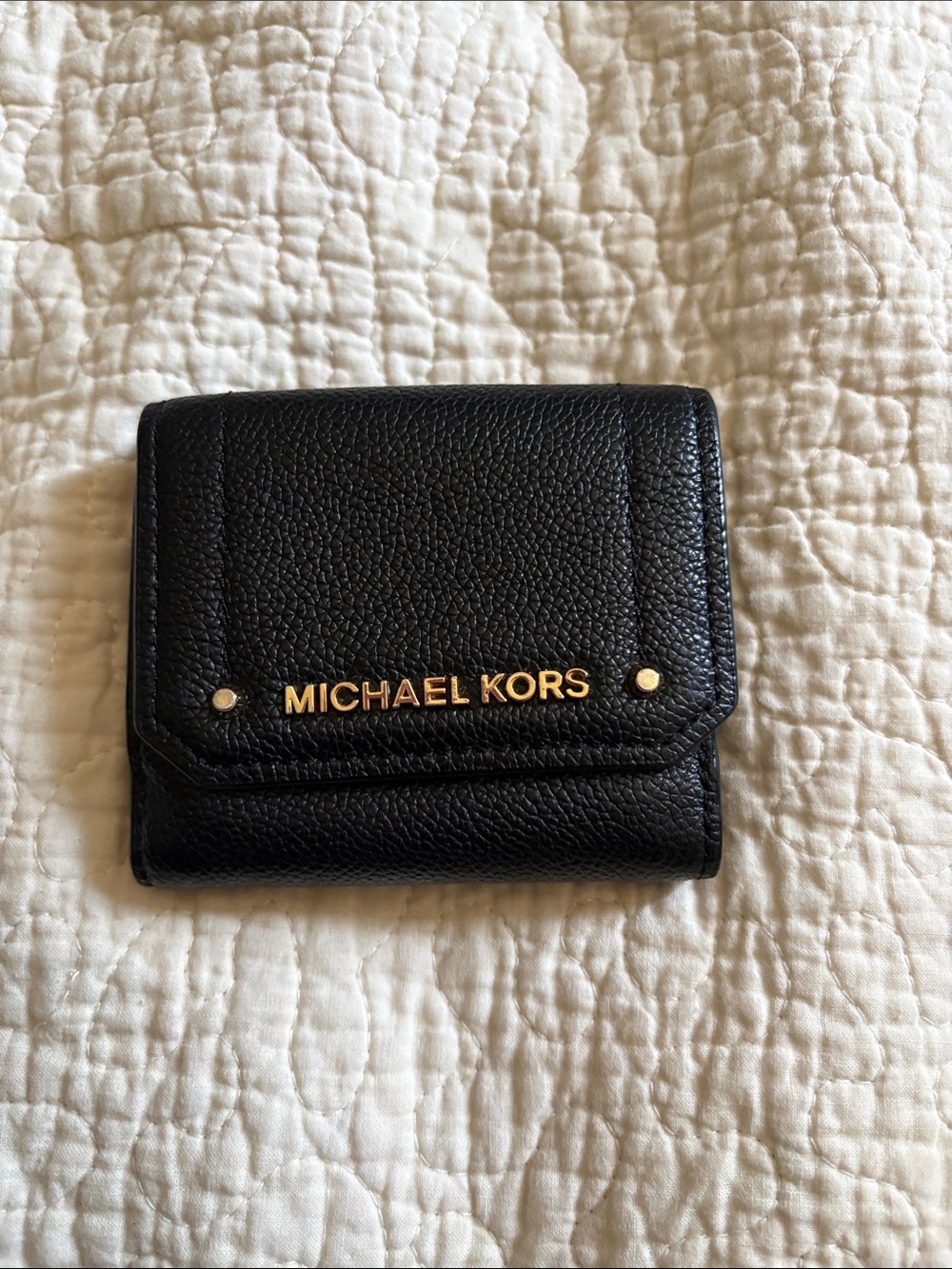 Michael Kors Black Pebbled Leather Compact Wallet with Gold Logo